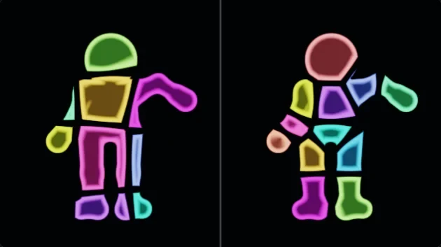 Two colorful figures rendered in code, comparing different ways to break into pieces
